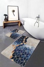 - PaspasTakimi-2li-Set1036-Gorsel - Realhomes  2'li Set Lacivert - Gold Zeminde Mozaik Motifli Mermer Desenli Geometrik Klasik  2'li Banyo & Mutfak Paspas Takımı Realhomes