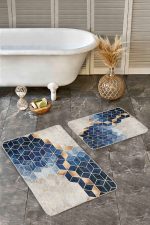 - Realhomes - Realhomes  2'li Set Lacivert - Gold Zeminde Mozaik Motifli Mermer Desenli Geometrik Klasik  2'li Banyo & Mutfak Paspas Takımı Realhomes