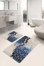 - PaspasTakimi-2li-Set1036-Gorsel-4 - Realhomes  2'li Set Lacivert - Gold Zeminde Mozaik Motifli Mermer Desenli Geometrik Klasik  2'li Banyo & Mutfak Paspas Takımı Realhomes