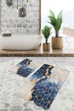 - PaspasTakimi-2li-Set1036-Gorsel-5 - Realhomes  2'li Set Lacivert - Gold Zeminde Mozaik Motifli Mermer Desenli Geometrik Klasik  2'li Banyo & Mutfak Paspas Takımı Realhomes