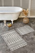 2'li Set Bej - Siyah Zeminde Boho Motifli Etnik Desenli Etnik Motifler Geometrik  2'li Banyo & Mutfak Paspas Takımı Realhomes