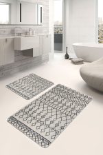 2'li Set Bej - Siyah Zeminde Boho Motifli Etnik Desenli Etnik Motifler Geometrik  2'li Banyo & Mutfak Paspas Takımı Realhomes