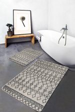 2'li Set Bej - Siyah Zeminde Boho Motifli Etnik Desenli Etnik Motifler Geometrik  2'li Banyo & Mutfak Paspas Takımı Realhomes