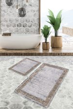 - PaspasTakimi-2li-Set1039-Gorsel-1 - Realhomes  2'li Set Gri - Bej Zeminde Çerçeveli Motifli Antik Desenli Geometrik Eskitme Motifli  2'li Banyo & Mutfak Paspas Takımı Realhomes