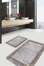 - PaspasTakimi-2li-Set1039-Gorsel-4 - Realhomes  2'li Set Gri - Bej Zeminde Çerçeveli Motifli Antik Desenli Geometrik Eskitme Motifli  2'li Banyo & Mutfak Paspas Takımı Realhomes