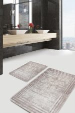 2'li Set Krem - Bej Zeminde Çerçeveli Motifli Eskitme Desenli Eskitme Motifli Sade & Şık  2'li Banyo & Mutfak Paspas Takımı Realhomes