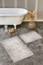 2'li Set Krem - Bej Zeminde Çerçeveli Motifli Eskitme Desenli Eskitme Motifli Sade & Şık  2'li Banyo & Mutfak Paspas Takımı Realhomes