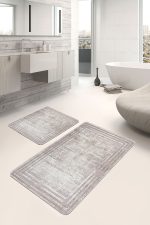 2'li Set Krem - Bej Zeminde Çerçeveli Motifli Eskitme Desenli Eskitme Motifli Sade & Şık  2'li Banyo & Mutfak Paspas Takımı Realhomes