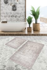 2'li Set Krem - Bej Zeminde Çerçeveli Motifli Eskitme Desenli Eskitme Motifli Sade & Şık  2'li Banyo & Mutfak Paspas Takımı Realhomes
