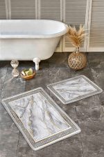 2'li Set Gri - Gold Zeminde Çerçeveli Motifli Mermer Desenli Vintage Klasik  2'li Banyo & Mutfak Paspas Takımı Realhomes