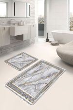2'li Set Gri - Gold Zeminde Çerçeveli Motifli Mermer Desenli Vintage Klasik  2'li Banyo & Mutfak Paspas Takımı Realhomes