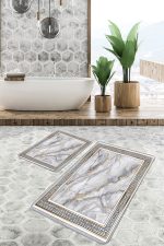 2'li Set Gri - Gold Zeminde Çerçeveli Motifli Mermer Desenli Vintage Klasik  2'li Banyo & Mutfak Paspas Takımı Realhomes