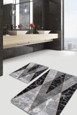 - PaspasTakimi-2li-Set1043-Gorsel-1 - Realhomes  2'li Set Gri - Siyah Zeminde Mermer Motifli Geometrik Desenli Geometrik Klasik  2'li Banyo & Mutfak Paspas Takımı Realhomes