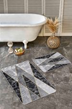 - Realhomes - Realhomes  2'li Set Gri - Siyah Zeminde Mermer Motifli Geometrik Desenli Geometrik Klasik  2'li Banyo & Mutfak Paspas Takımı Realhomes