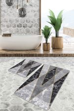 - PaspasTakimi-2li-Set1043-Gorsel-5 - Realhomes  2'li Set Gri - Siyah Zeminde Mermer Motifli Geometrik Desenli Geometrik Klasik  2'li Banyo & Mutfak Paspas Takımı Realhomes