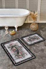 - Realhomes - Realhomes 2'li Set Siyah - Kırmızı Zeminde Çerçeveli Motifli Çiçek Desenli Floral Eskitme Motifli 2'li Banyo & Mutfak Paspas Takımı Realhomes