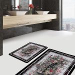 2'li Set Siyah - Beyaz Zeminde Çizgili Motifli Geometrik Desenli Geometrik Sade & Şık  2'li Banyo & Mutfak Paspas Takımı Realhomes
