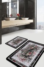 - PaspasTakimi-2li-Set1044-Gorsel - Realhomes 2'li Set Siyah - Kırmızı Zeminde Çerçeveli Motifli Çiçek Desenli Floral Eskitme Motifli 2'li Banyo & Mutfak Paspas Takımı Realhomes