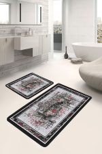 - PaspasTakimi-2li-Set1044-Gorsel-2 - Realhomes 2'li Set Siyah - Kırmızı Zeminde Çerçeveli Motifli Çiçek Desenli Floral Eskitme Motifli 2'li Banyo & Mutfak Paspas Takımı Realhomes