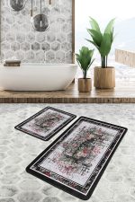 - PaspasTakimi-2li-Set1044-Gorsel-4 - Realhomes 2'li Set Siyah - Kırmızı Zeminde Çerçeveli Motifli Çiçek Desenli Floral Eskitme Motifli 2'li Banyo & Mutfak Paspas Takımı Realhomes