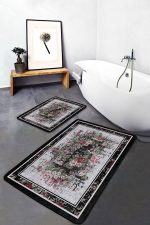 - PaspasTakimi-2li-Set1044-Gorsel-5 - Realhomes 2'li Set Siyah - Kırmızı Zeminde Çerçeveli Motifli Çiçek Desenli Floral Eskitme Motifli 2'li Banyo & Mutfak Paspas Takımı Realhomes