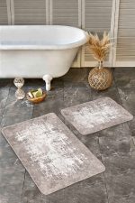 2'li Set Krem - Bej Zeminde Dokuma Halı Motifli Kilim Desenli Eskitme Motifli Sade & Şık  2'li Banyo & Mutfak Paspas Takımı Realhomes