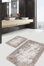 2'li Set Krem - Bej Zeminde Dokuma Halı Motifli Kilim Desenli Eskitme Motifli Sade & Şık  2'li Banyo & Mutfak Paspas Takımı Realhomes