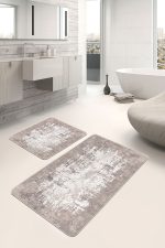 2'li Set Krem - Bej Zeminde Dokuma Halı Motifli Kilim Desenli Eskitme Motifli Sade & Şık  2'li Banyo & Mutfak Paspas Takımı Realhomes