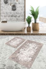 2'li Set Krem - Bej Zeminde Dokuma Halı Motifli Kilim Desenli Eskitme Motifli Sade & Şık  2'li Banyo & Mutfak Paspas Takımı Realhomes