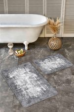 - Realhomes - Realhomes 2'li Set Gri - Beyaz Zeminde Eskitme Motifli Kilim Desenli Eskitme Motifli Klasik 2'li Banyo & Mutfak Paspas Takımı Realhomes