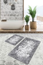 - PaspasTakimi-2li-Set1046-Gorsel-4 - Realhomes 2'li Set Gri - Beyaz Zeminde Eskitme Motifli Kilim Desenli Eskitme Motifli Klasik 2'li Banyo & Mutfak Paspas Takımı Realhomes