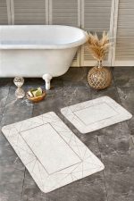 2'li Set Krem - Gold Zeminde Çerçeveli Motifli Klasik Desenli Geometrik Sade & Şık  2'li Banyo & Mutfak Paspas Takımı Realhomes