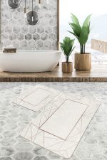2'li Set Krem - Gold Zeminde Çerçeveli Motifli Klasik Desenli Geometrik Sade & Şık  2'li Banyo & Mutfak Paspas Takımı Realhomes