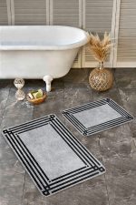 - Realhomes - Realhomes 2'li Set Siyah - Gri Zeminde Çerçeveli Motifli Dokuma Halı Desenli Geometrik Klasik 2'li Banyo & Mutfak Paspas Takımı Realhomes