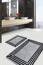 - PaspasTakimi-2li-Set1048-Gorsel - Realhomes 2'li Set Siyah - Gri Zeminde Çerçeveli Motifli Dokuma Halı Desenli Geometrik Klasik 2'li Banyo & Mutfak Paspas Takımı Realhomes
