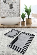 - PaspasTakimi-2li-Set1048-Gorsel-4 - Realhomes 2'li Set Siyah - Gri Zeminde Çerçeveli Motifli Dokuma Halı Desenli Geometrik Klasik 2'li Banyo & Mutfak Paspas Takımı Realhomes