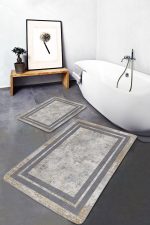 - PaspasTakimi-2li-Set1049-Gorsel-1 - Realhomes 2'li Set Gri - Krem Zeminde Çerçeveli Motifli Kanvas Desenli Sade & Şık Geometrik 2'li Banyo & Mutfak Paspas Takımı Realhomes