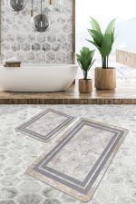 - PaspasTakimi-2li-Set1049-Gorsel - Realhomes 2'li Set Gri - Krem Zeminde Çerçeveli Motifli Kanvas Desenli Sade & Şık Geometrik 2'li Banyo & Mutfak Paspas Takımı Realhomes