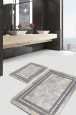 - PaspasTakimi-2li-Set1049-Gorsel-2 - Realhomes 2'li Set Gri - Krem Zeminde Çerçeveli Motifli Kanvas Desenli Sade & Şık Geometrik 2'li Banyo & Mutfak Paspas Takımı Realhomes