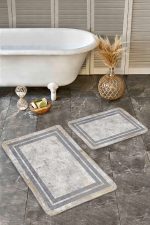 - Realhomes - Realhomes 2'li Set Gri - Krem Zeminde Çerçeveli Motifli Kanvas Desenli Sade & Şık Geometrik 2'li Banyo & Mutfak Paspas Takımı Realhomes