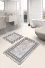 - PaspasTakimi-2li-Set1049-Gorsel-5 - Realhomes 2'li Set Gri - Krem Zeminde Çerçeveli Motifli Kanvas Desenli Sade & Şık Geometrik 2'li Banyo & Mutfak Paspas Takımı Realhomes