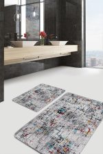 2'li Set Bej Zeminde Kanvas Motifli Eskitme Desenli Eskitme Motifli Modern  2'li Banyo & Mutfak Paspas Takımı Realhomes