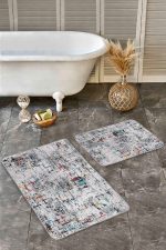 2'li Set Bej Zeminde Kanvas Motifli Eskitme Desenli Eskitme Motifli Modern  2'li Banyo & Mutfak Paspas Takımı Realhomes