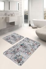 2'li Set Bej Zeminde Kanvas Motifli Eskitme Desenli Eskitme Motifli Modern  2'li Banyo & Mutfak Paspas Takımı Realhomes