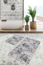 2'li Set Bej Zeminde Kanvas Motifli Eskitme Desenli Eskitme Motifli Modern  2'li Banyo & Mutfak Paspas Takımı Realhomes