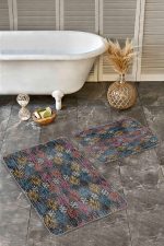 2'li Set Otantik Zeminde Örme Motifli Kilim Desenli Eskitme Motifli Vintage  2'li Banyo & Mutfak Paspas Takımı Realhomes
