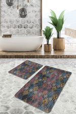 2'li Set Otantik Zeminde Örme Motifli Kilim Desenli Eskitme Motifli Vintage  2'li Banyo & Mutfak Paspas Takımı Realhomes