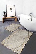 - PaspasTakimi-2li-Set1053-Gorsel - Realhomes  2'li Set Krem - Gold Zeminde Çerçeveli Motifli Mermer Desenli Klasik Geometrik  2'li Banyo & Mutfak Paspas Takımı Realhomes