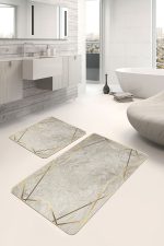 - PaspasTakimi-2li-Set1053-Gorsel-4 - Realhomes  2'li Set Krem - Gold Zeminde Çerçeveli Motifli Mermer Desenli Klasik Geometrik  2'li Banyo & Mutfak Paspas Takımı Realhomes