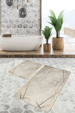 - PaspasTakimi-2li-Set1053-Gorsel-5 - Realhomes  2'li Set Krem - Gold Zeminde Çerçeveli Motifli Mermer Desenli Klasik Geometrik  2'li Banyo & Mutfak Paspas Takımı Realhomes